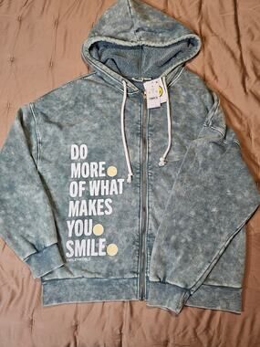 SmileyWorld Acid Wash Blue Full Zip Graphic Hoodie Medium NWT
